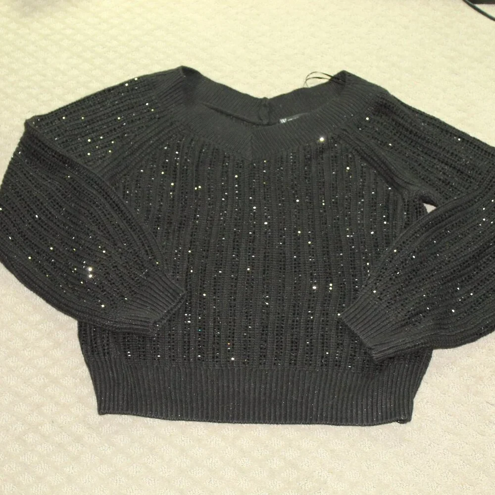 INC International Concepts Wm XL Black Beaded Chunky Knit V-Neck Balloon Sleeve